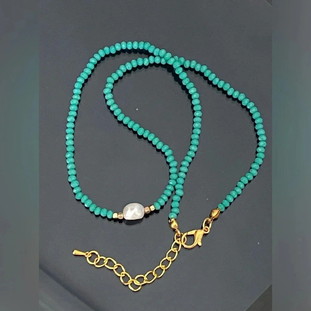 Handmade Teal Seed Bead Single Real Freshwater Pearl Necklace New